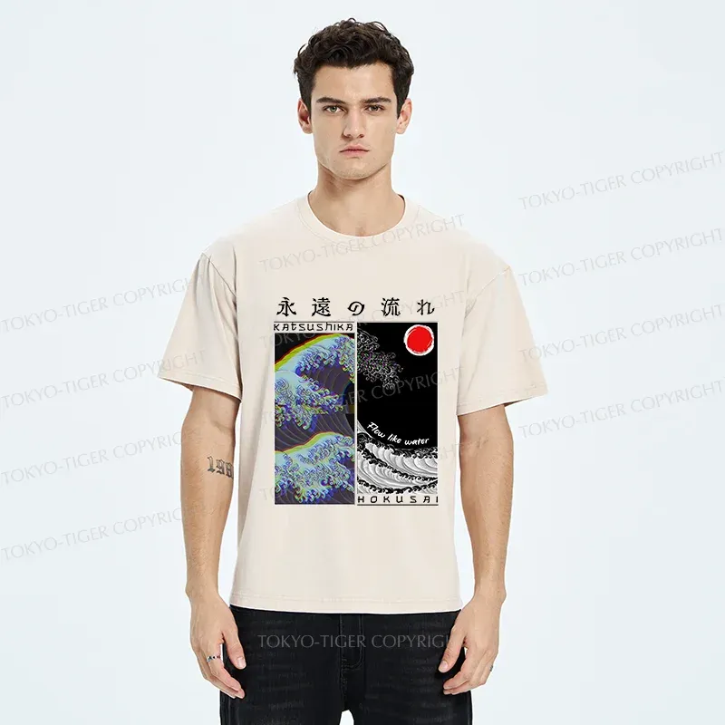 Tokyo-Tiger Ukiyo-e Wave Poster Washed T-Shirt