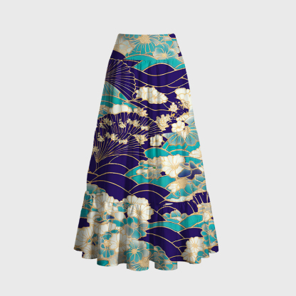 Tokyo-Tiger Gold Stroke Flowers Maxi Skirt