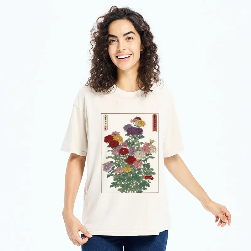 Tokyo-Tiger Traditional Bloom Print Washed T-Shirt