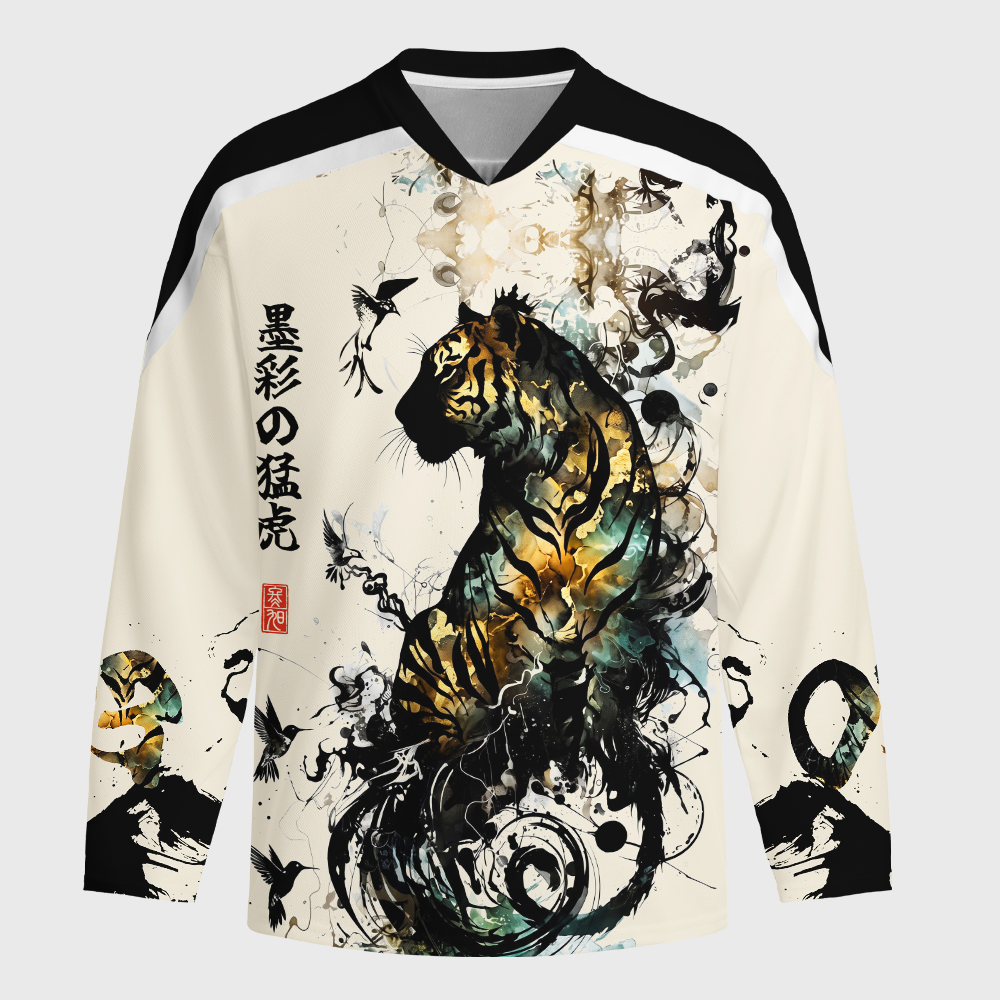 Tokyo-Tiger Golden Tiger And Soaring Birds Long-Sleeve Hockey Jersey