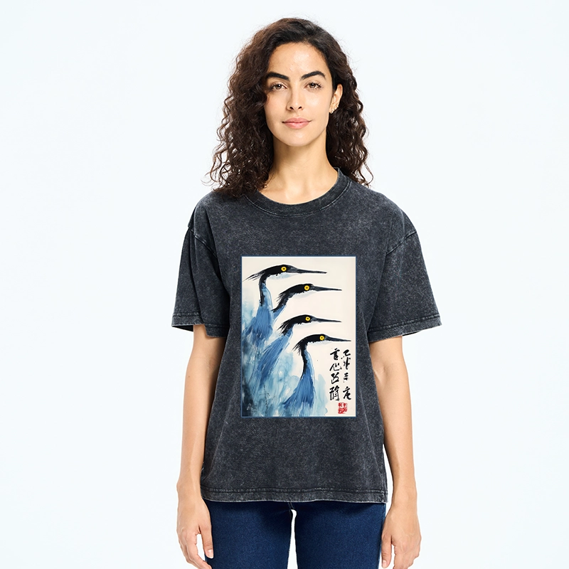 Tokyo-Tiger Brush Strokes Draw Graceful Water Birds Washed T-Shirt