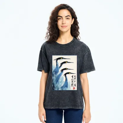 Tokyo-Tiger Brush Strokes Draw Graceful Water Birds Washed T-Shirt
