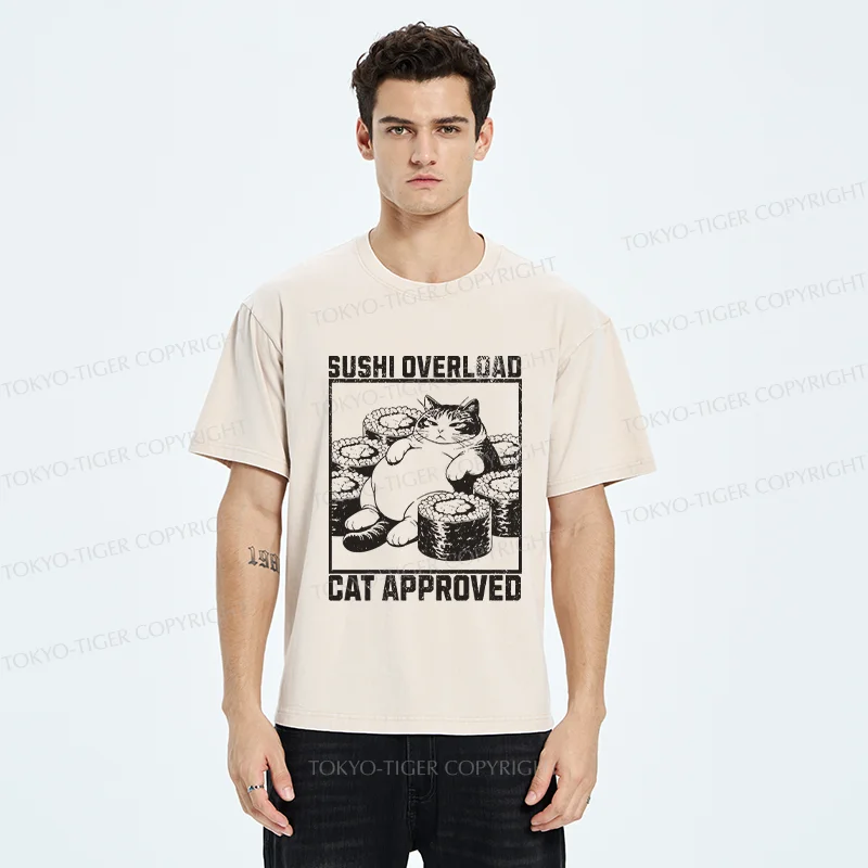 Tokyo-Tiger Fat Cat And Sushi Washed T-Shirt