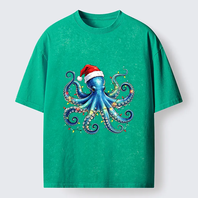 Tokyo‑Tiger Christmas Octopus Lights Washed T‑Shirt