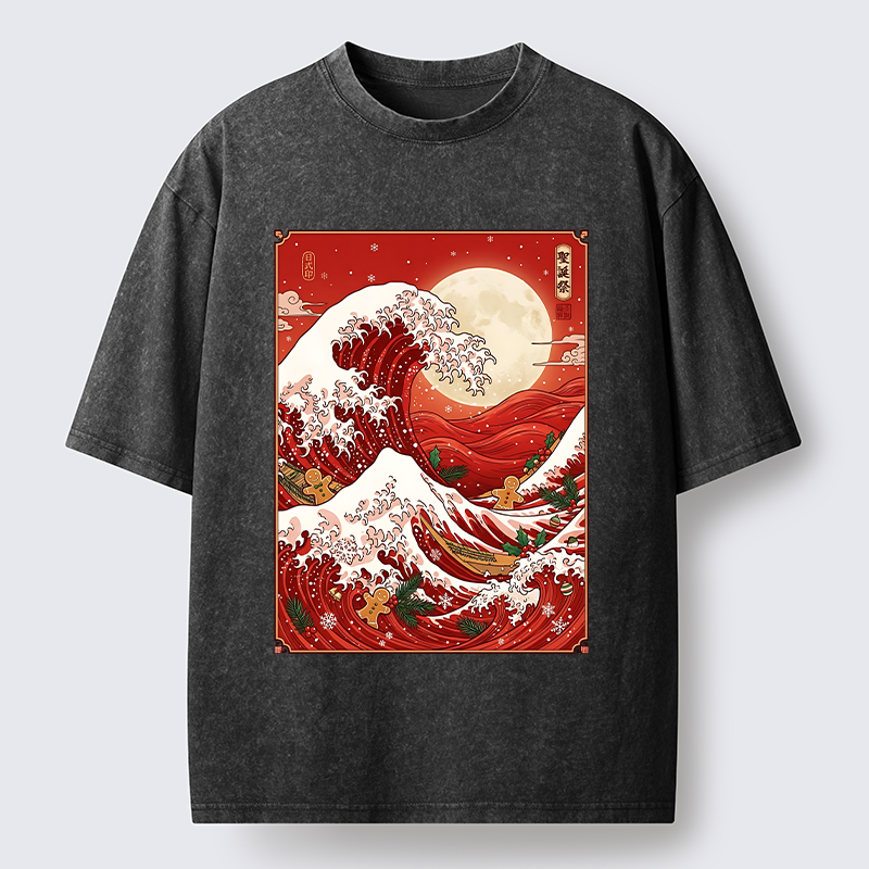 Tokyo-Tiger Gingerbread Surfing Christmas Wave Art Washed T-Shirt