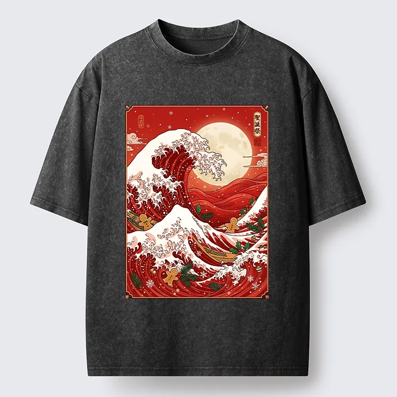 Tokyo-Tiger Gingerbread Surfing Christmas Wave Art Washed T-Shirt