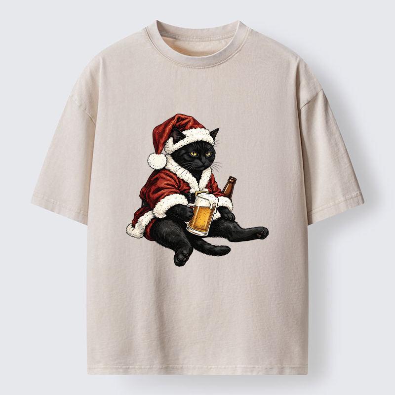 Tokyo-Tiger Chill Santa Black Cat Beer Time Washed T-Shirt