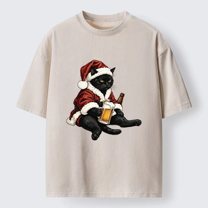 Tokyo‑Tiger Chill Santa Black Cat Beer Time Washed T‑Shirt Sale