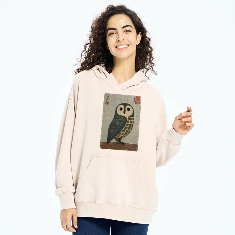 Tokyo-Tiger Traditional Owl In Japanese Art Washed Hoodie