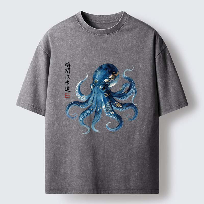 Tokyo-Tiger Japanese Ink Blue Octopus Art Washed T-Shirt