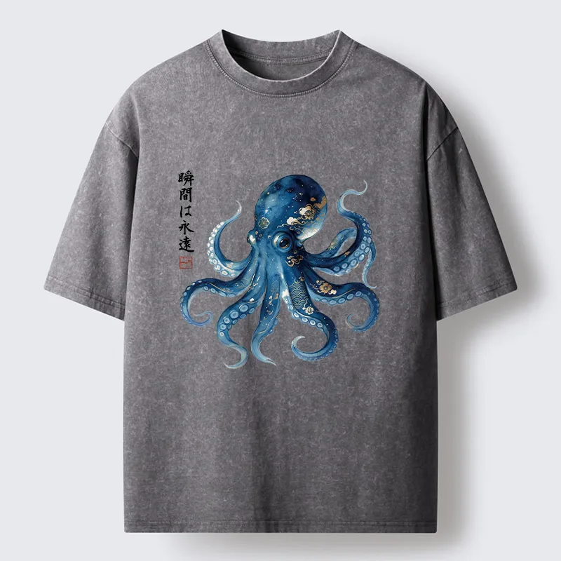 Tokyo-Tiger Japanese Ink Blue Octopus Art Washed T-Shirt
