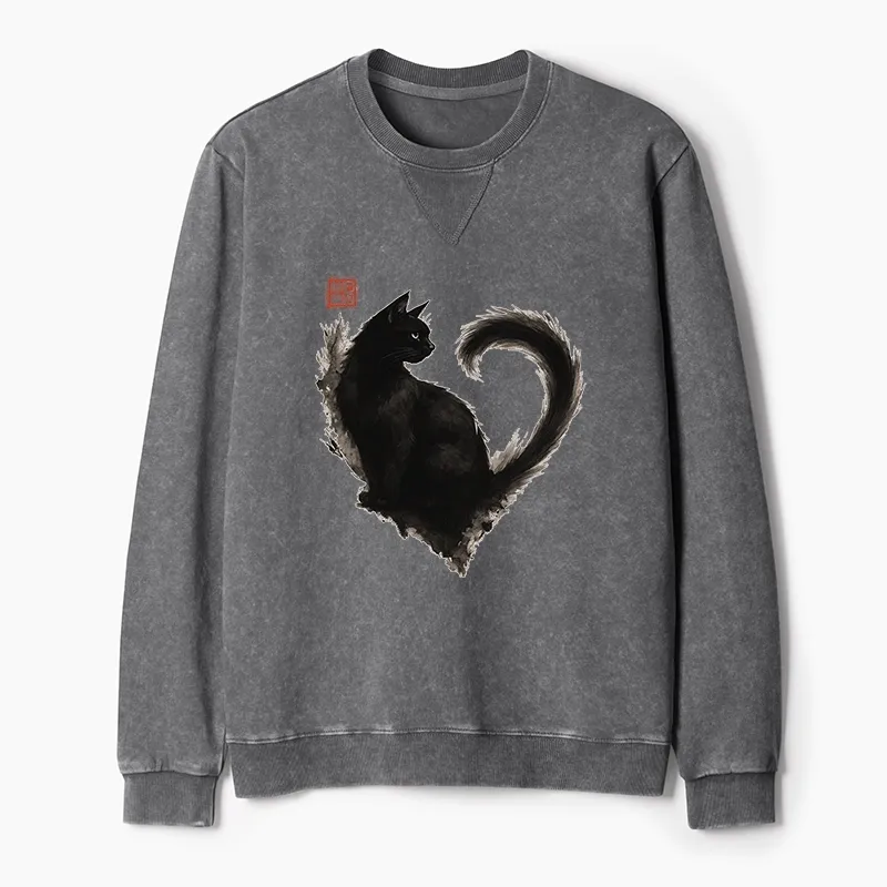 Tokyo-Tiger Funny Heart-Shaped Ink Cat Washed Terry Sweatshirt