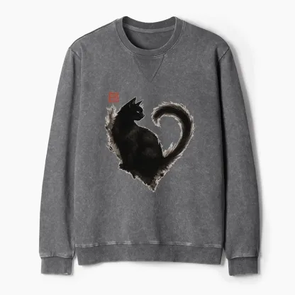 Tokyo-Tiger Funny Heart-Shaped Ink Cat Washed Terry Sweatshirt
