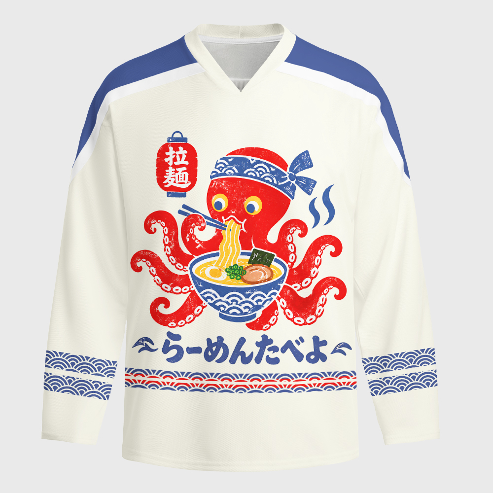 Tokyo-Tiger Japanese Retro Octopus Ramen Long-Sleeve Hockey Jersey