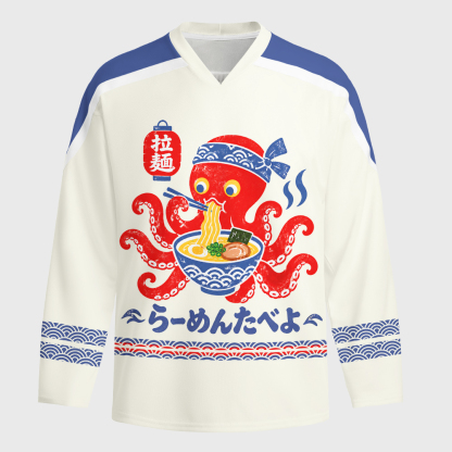 Tokyo-Tiger Japanese Retro Octopus Ramen Long-Sleeve Hockey Jersey