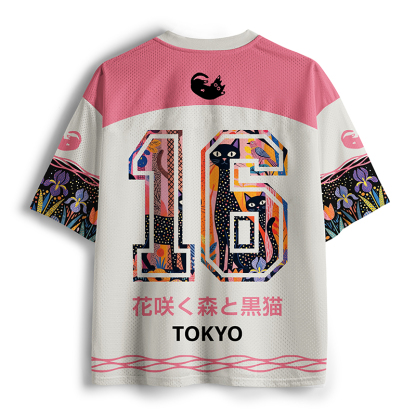 Tokyo-Tiger Black Cats In Floral Forest Mesh Jersey