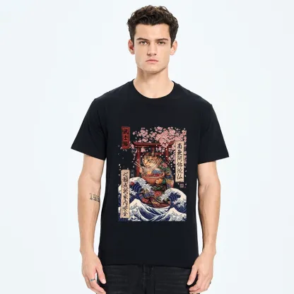 Tokyo-Tiger Samurai Cat Eating Noodles Wave Scene Classic T-Shirt