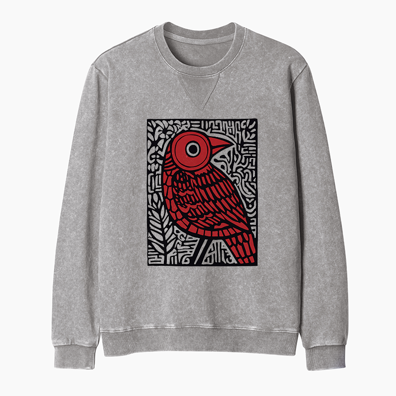 Tokyo-Tiger Retro Woodblock Bird Washed Terry Sweatshirt