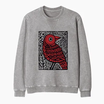 Tokyo-Tiger Retro Woodblock Bird Washed Terry Sweatshirt