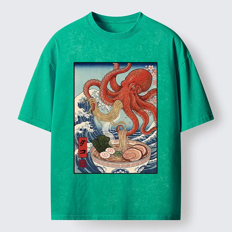 Tokyo-Tiger Octopus Eating Ramen Ukiyo Art Washed T-Shirt