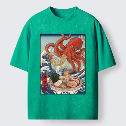 Tokyo-Tiger Octopus Eating Ramen Ukiyo Art Washed T-Shirt
