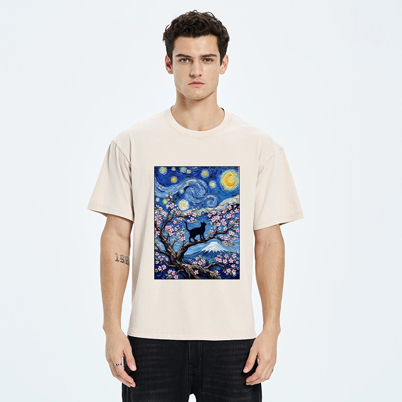 Tokyo-Tiger Van Gogh Style Cat With Mount Fuji Washed T-Shirt