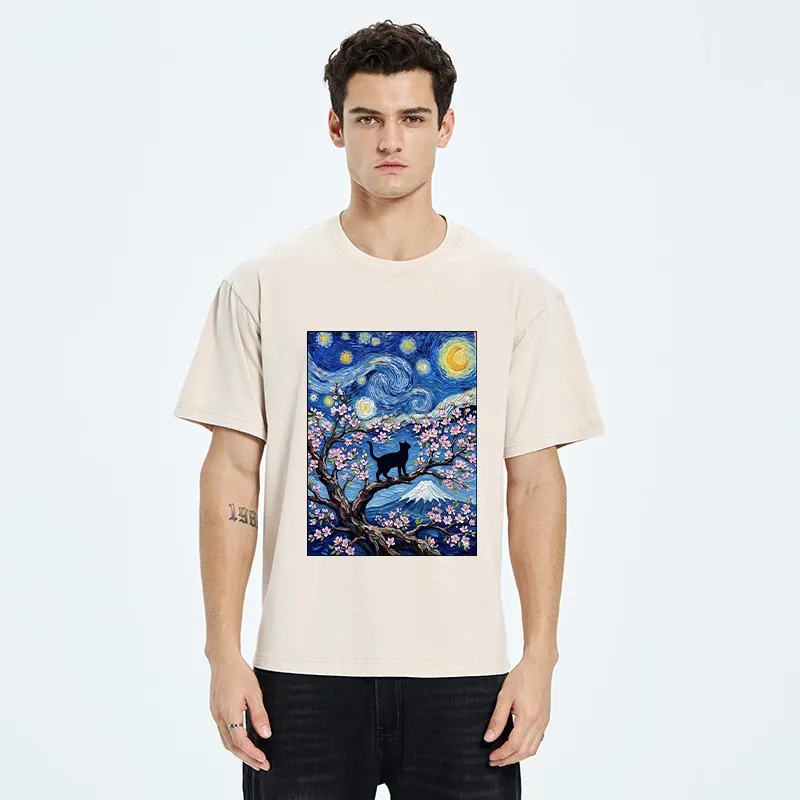 Tokyo-Tiger Van Gogh Style Cat With Mount Fuji Washed T-Shirt
