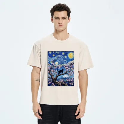 Tokyo-Tiger Van Gogh Style Cat With Mount Fuji Washed T-Shirt