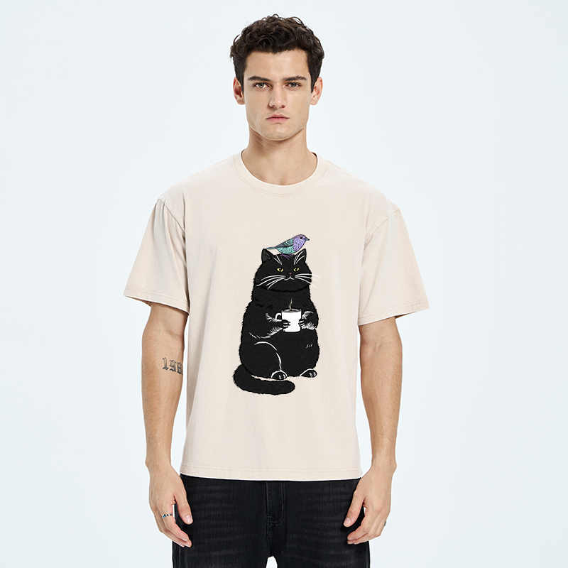 Tokyo-Tiger Black Cat And Bird Washed T-Shirt