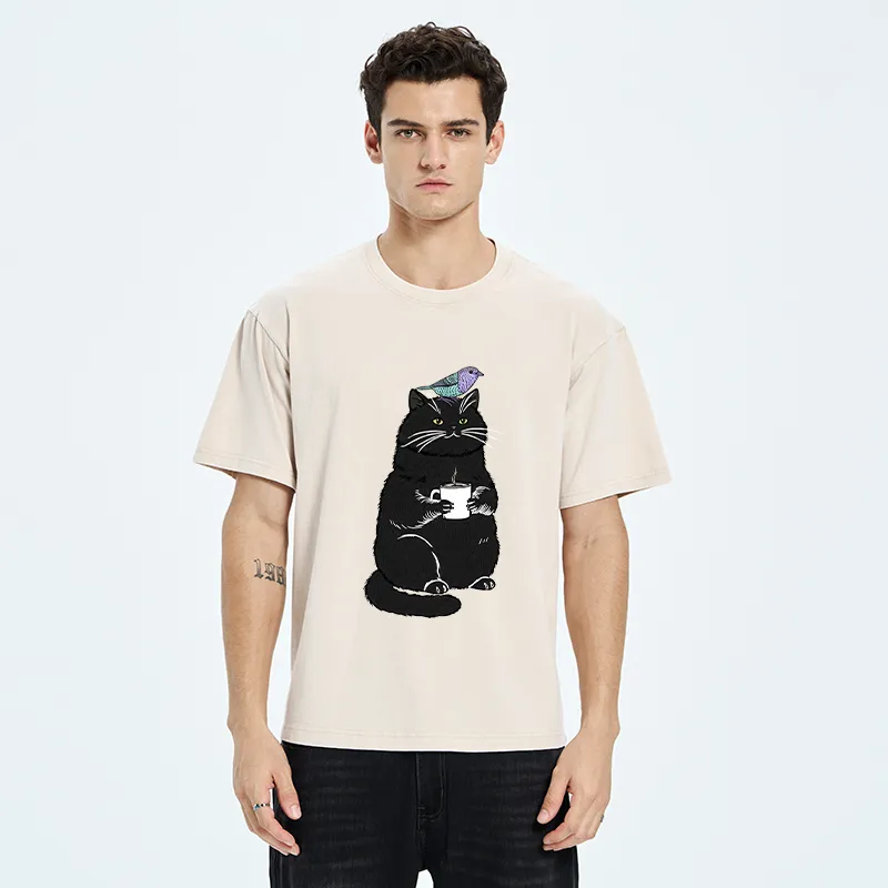 Tokyo-Tiger Black Cat And Bird Washed T-Shirt