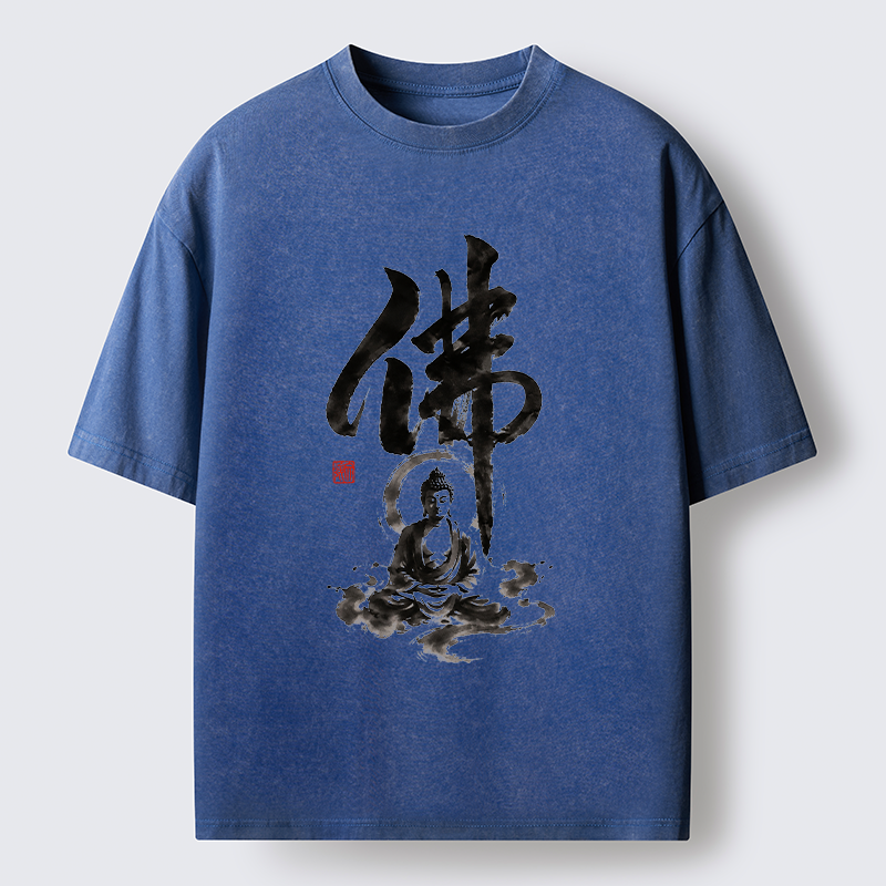 Tokyo-Tiger Zen Buddha Ink Kanji Painting Washed T-Shirt