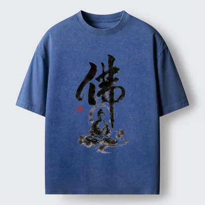 Tokyo-Tiger Zen Buddha Ink Kanji Painting Washed T-Shirt