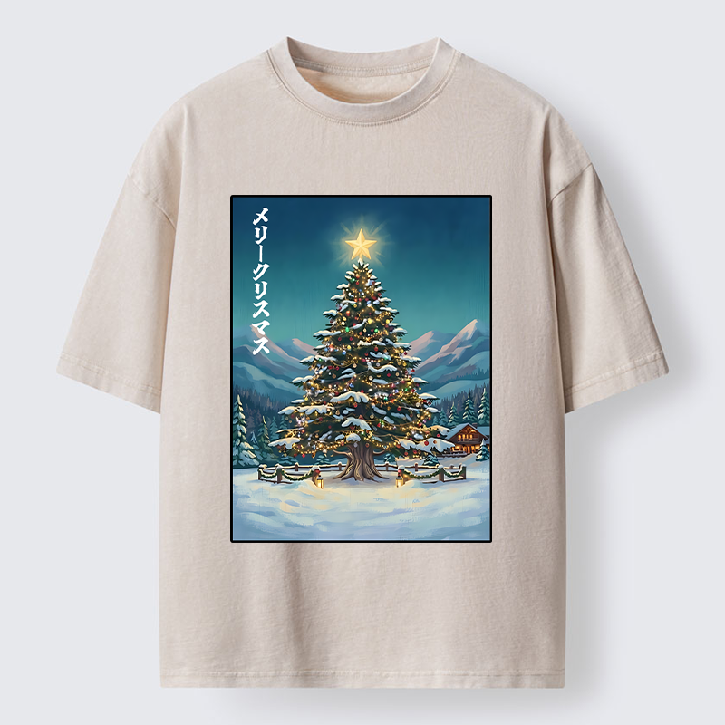 Tokyo-Tiger Snow Mountain Christmas Tree Vibe Washed T-Shirt