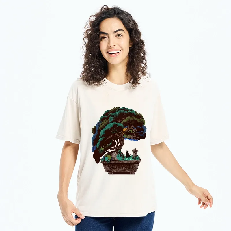 Tokyo-Tiger Black Cat Hiding In A Bonsai Pot Washed T-Shirt