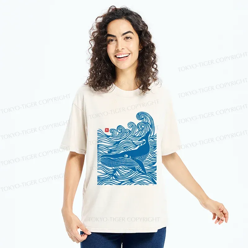 Tokyo-Tiger Woodcut Whale Washed T-Shirt