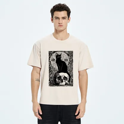 Tokyo-Tiger Black Cat Sitting On the Skull Washed T-Shirt
