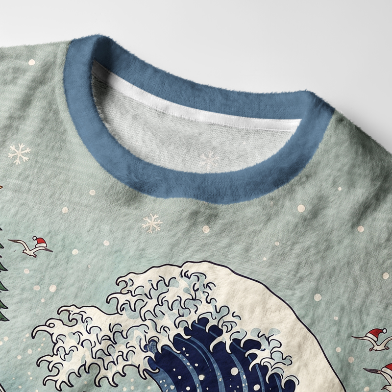 Tokyo-Tiger Japanese Ukiyo-E Samurai Cat Riding Octopus Fuzzy Christmas Ugly Sweatshirt