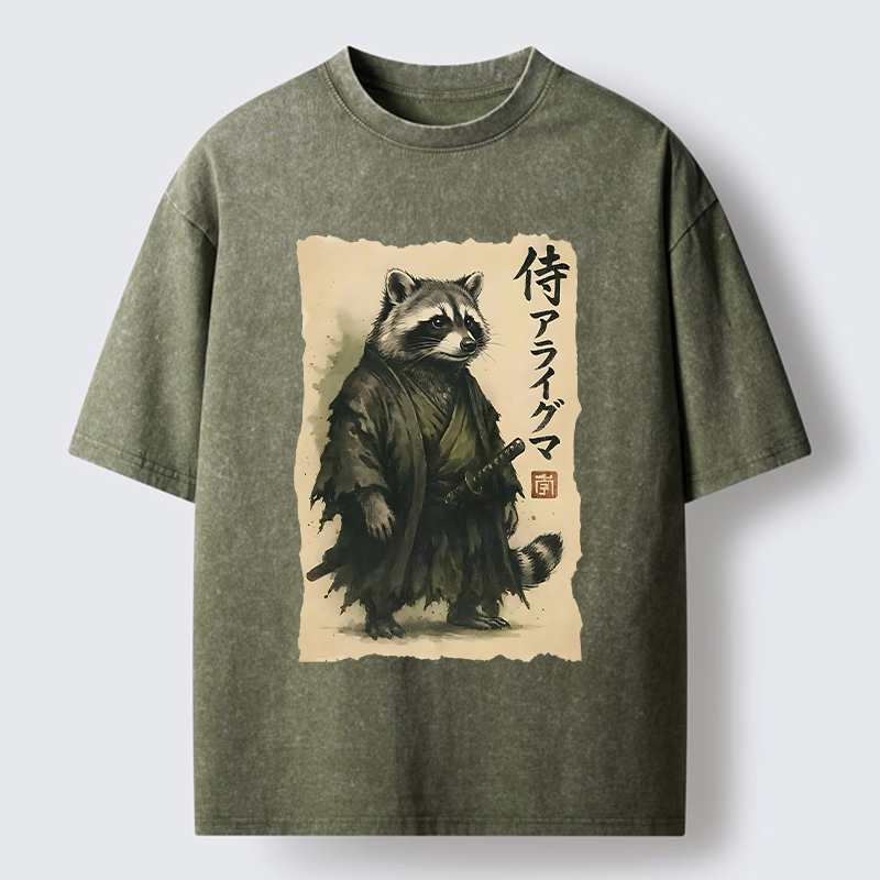 Tokyo-Tiger Japanese Samurai Raccoon Art Washed T-Shirt