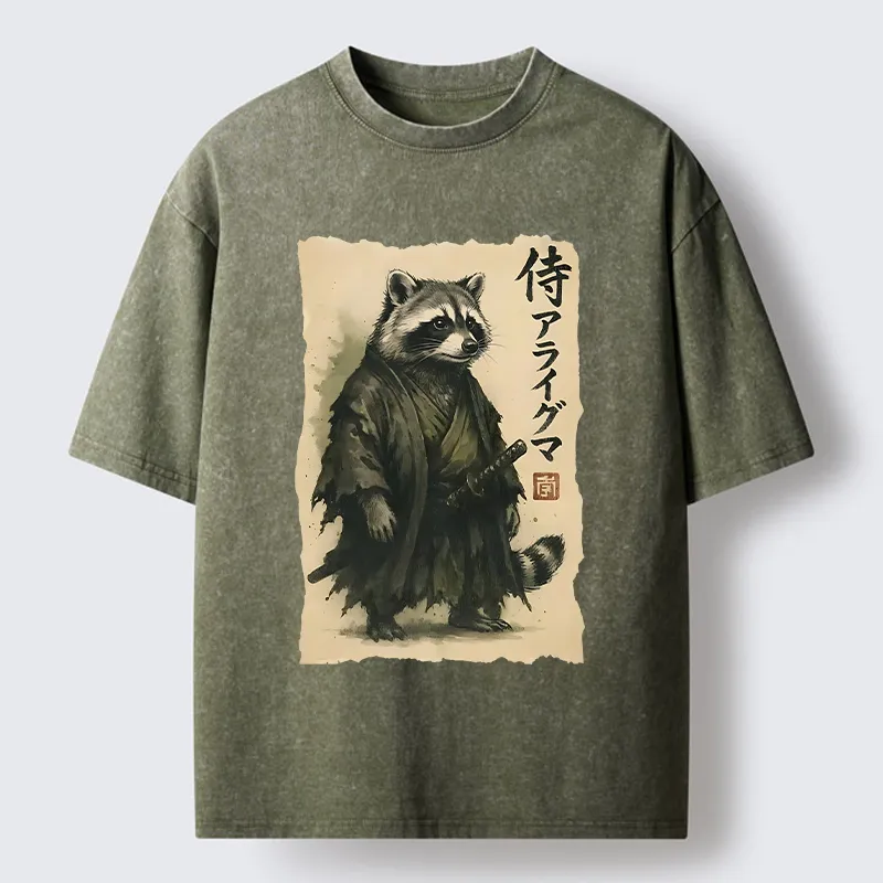 Tokyo-Tiger Japanese Samurai Raccoon Art Washed T-Shirt