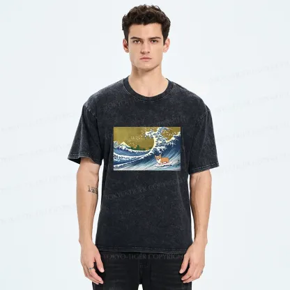Tokyo-Tiger Corgi Surfing Washed T-Shirt