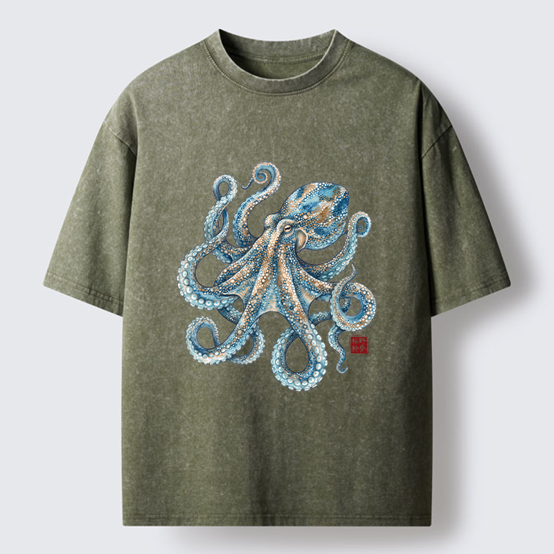 Tokyo-Tiger Ocean Octopus Art Washed T-Shirt
