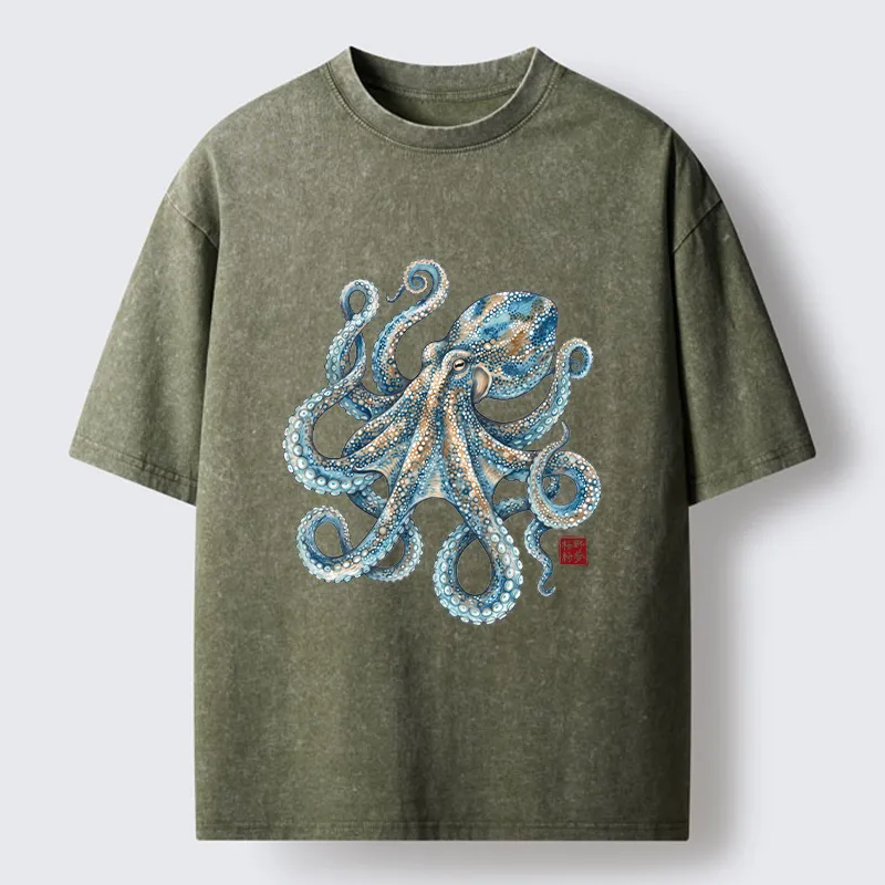 Tokyo-Tiger Ocean Octopus Art Washed T-Shirt