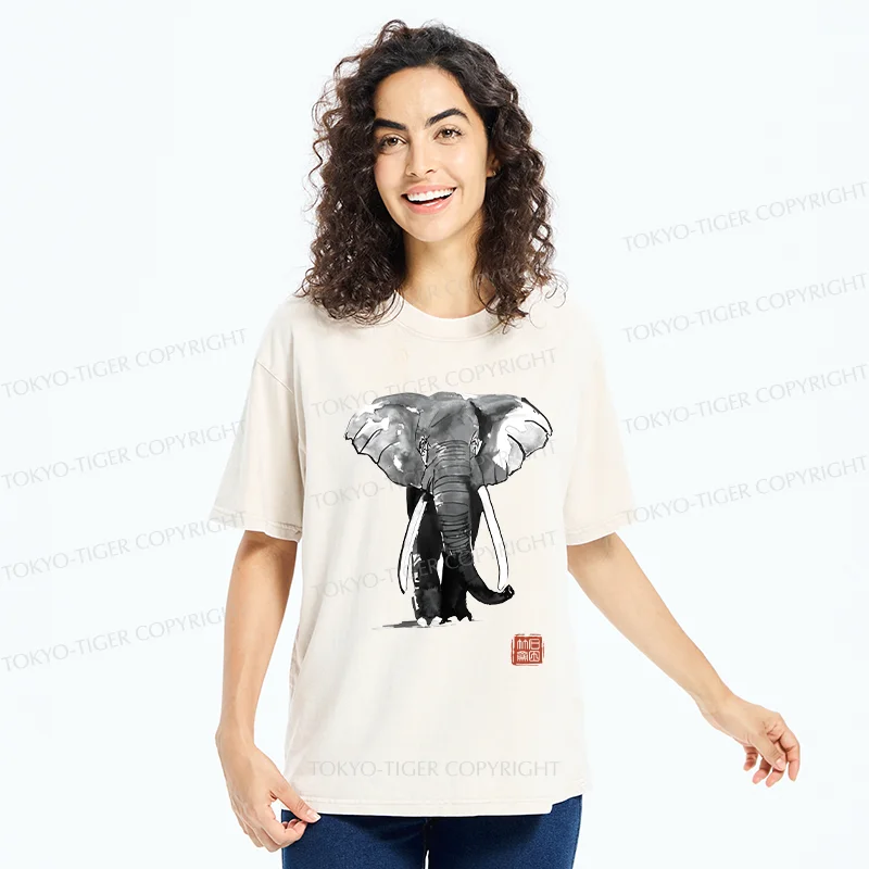 Tokyo-Tiger Elephant Ink Painting Washed T-Shirt