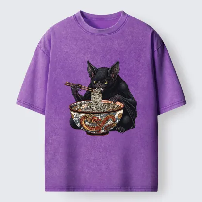 Tokyo-Tiger Bat Eating Ramen Washed T-Shirt