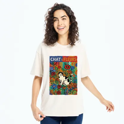 Tokyo-Tiger Colorful Cat And Floral Art Washed T-Shirt