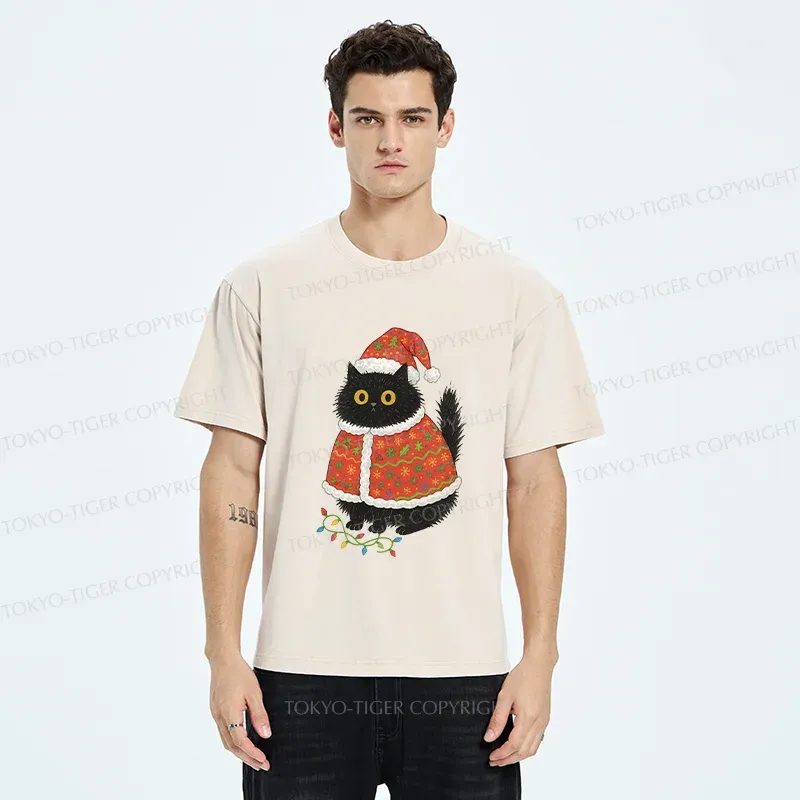Tokyo-Tiger Cat Wearing Santa Hat Washed T-Shirt