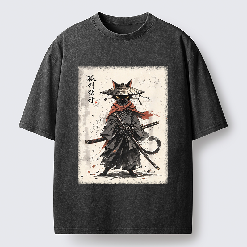 Tokyo-Tiger Lone Samurai Cat Ink Art Washed T-Shirt