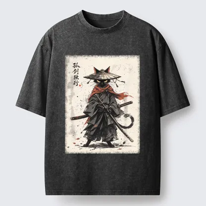 Tokyo-Tiger Lone Samurai Cat Ink Art Washed T-Shirt