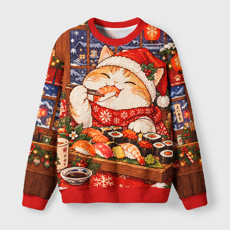 Tokyo-Tiger Sushi Eating Christmas Cat Fuzzy Christmas Ugly Sweatshirt