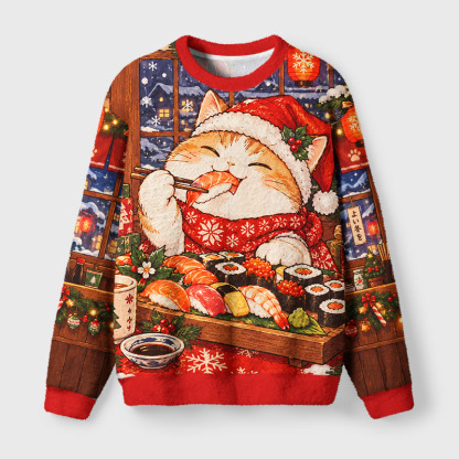 Tokyo-Tiger Sushi Eating Christmas Cat Fuzzy Christmas Ugly Sweatshirt